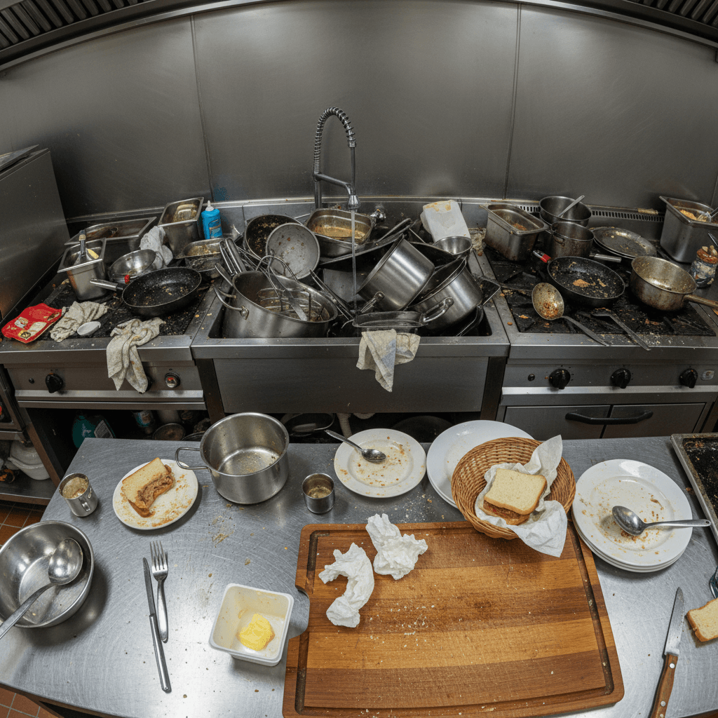 Kitchen before reset with dishes and clutter