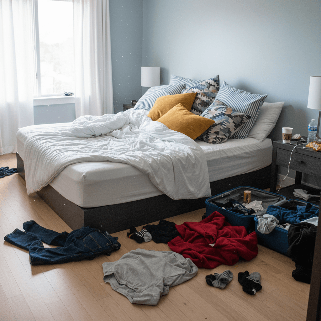 Master bedroom before reset with unmade bed and clutter