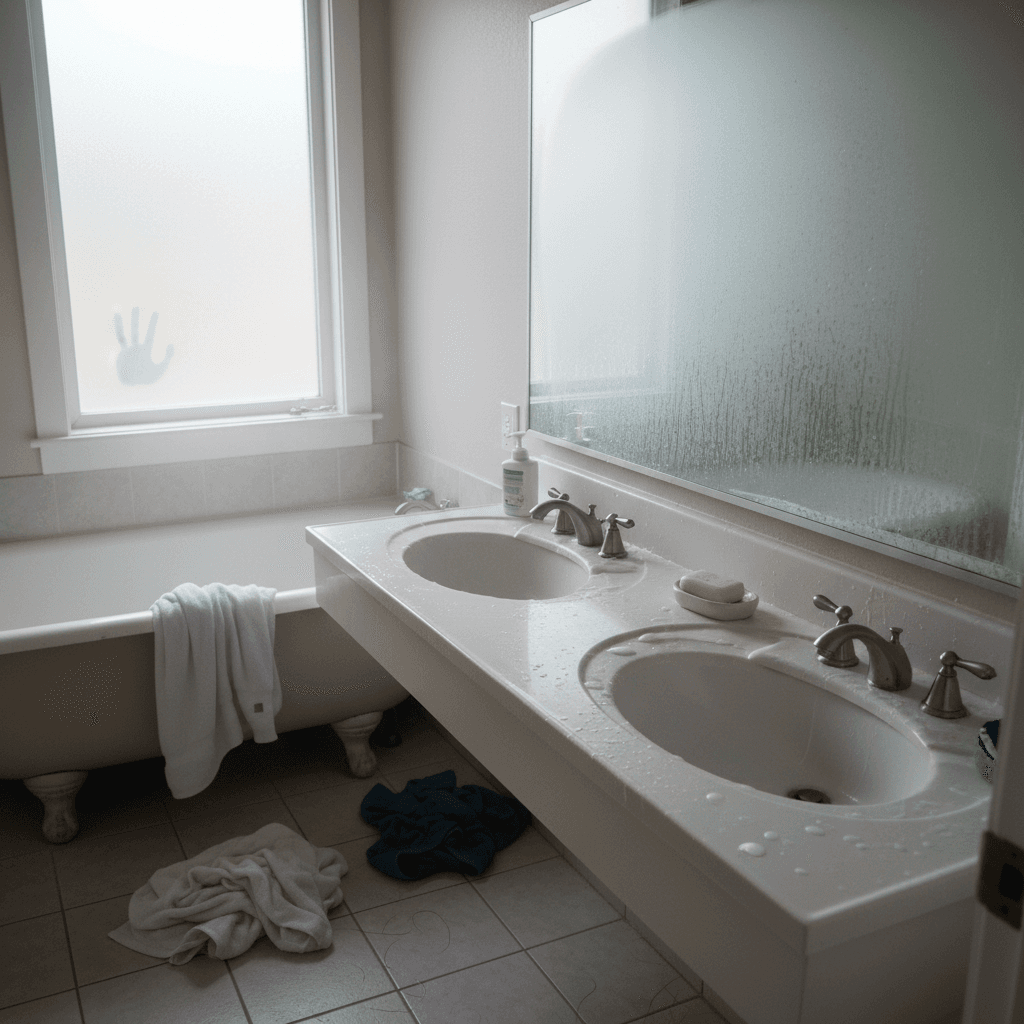 Bathroom before reset with towels and mess